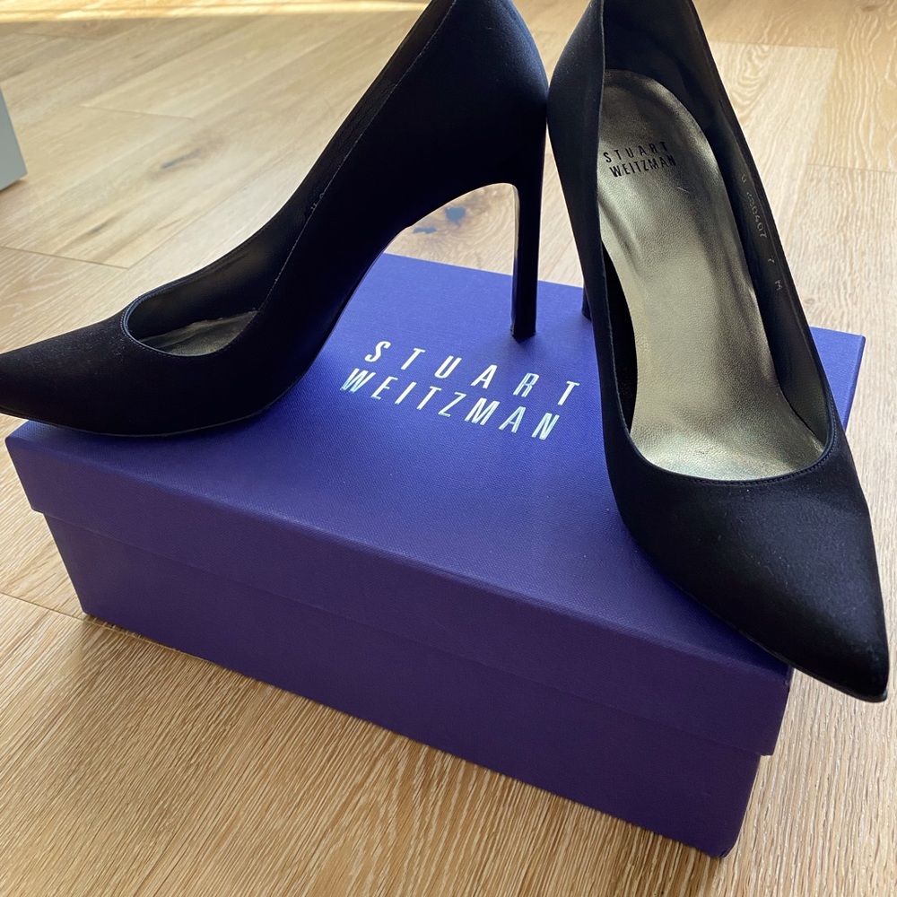 Stuart Weitzman Black satin fabric. Worn once. Mint condition. Size 7.  4 inch